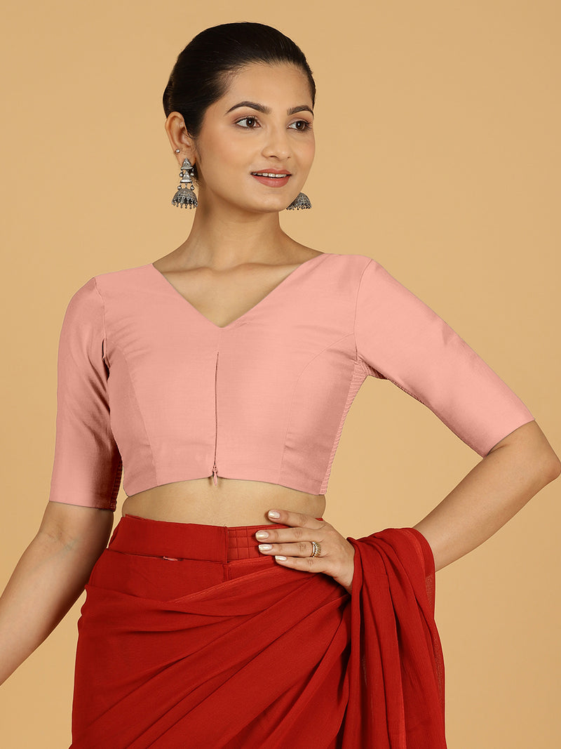 Shabana x Rozaana | Elbow Sleeves Saree Blouse in Sea Pink-Binks