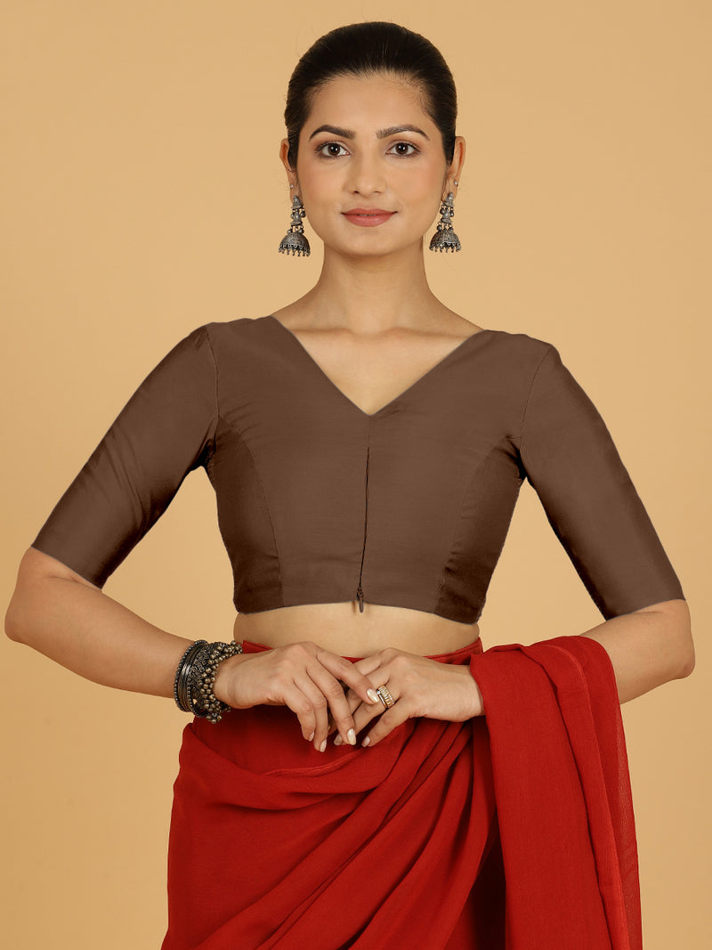 Shabana x Rozaana | Elbow Sleeves Saree Blouse in Walnut Brown-Binks
