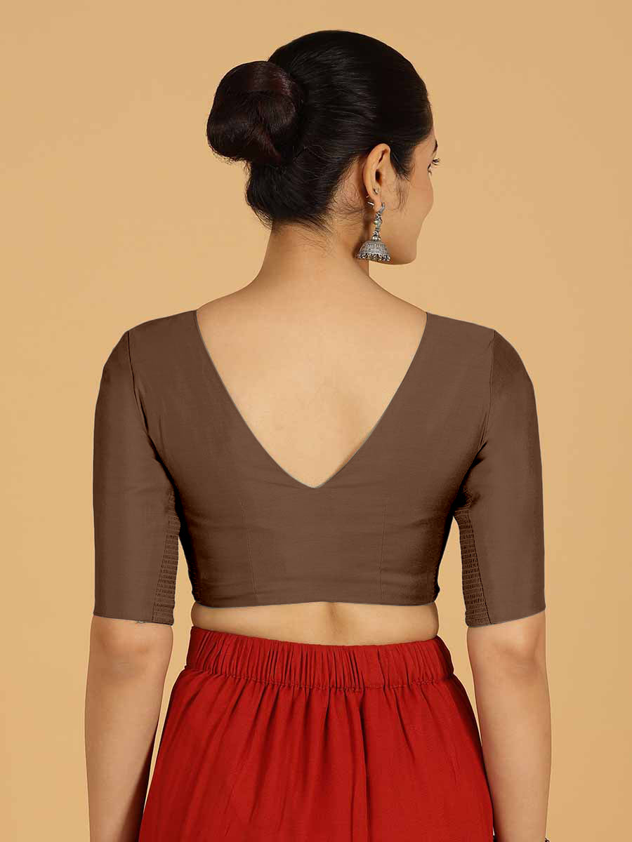 Shabana x Rozaana Saree Blouse, in Brown Viscose, featuring elbow sleeves and curved v-neckline, made for daily & work (view 2).