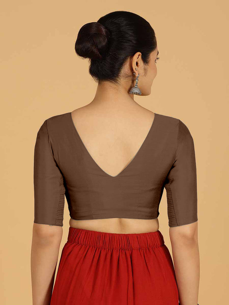 Shabana x Rozaana Saree Blouse, in Brown Viscose, featuring elbow sleeves and curved v-neckline, made for daily & work (view 2).