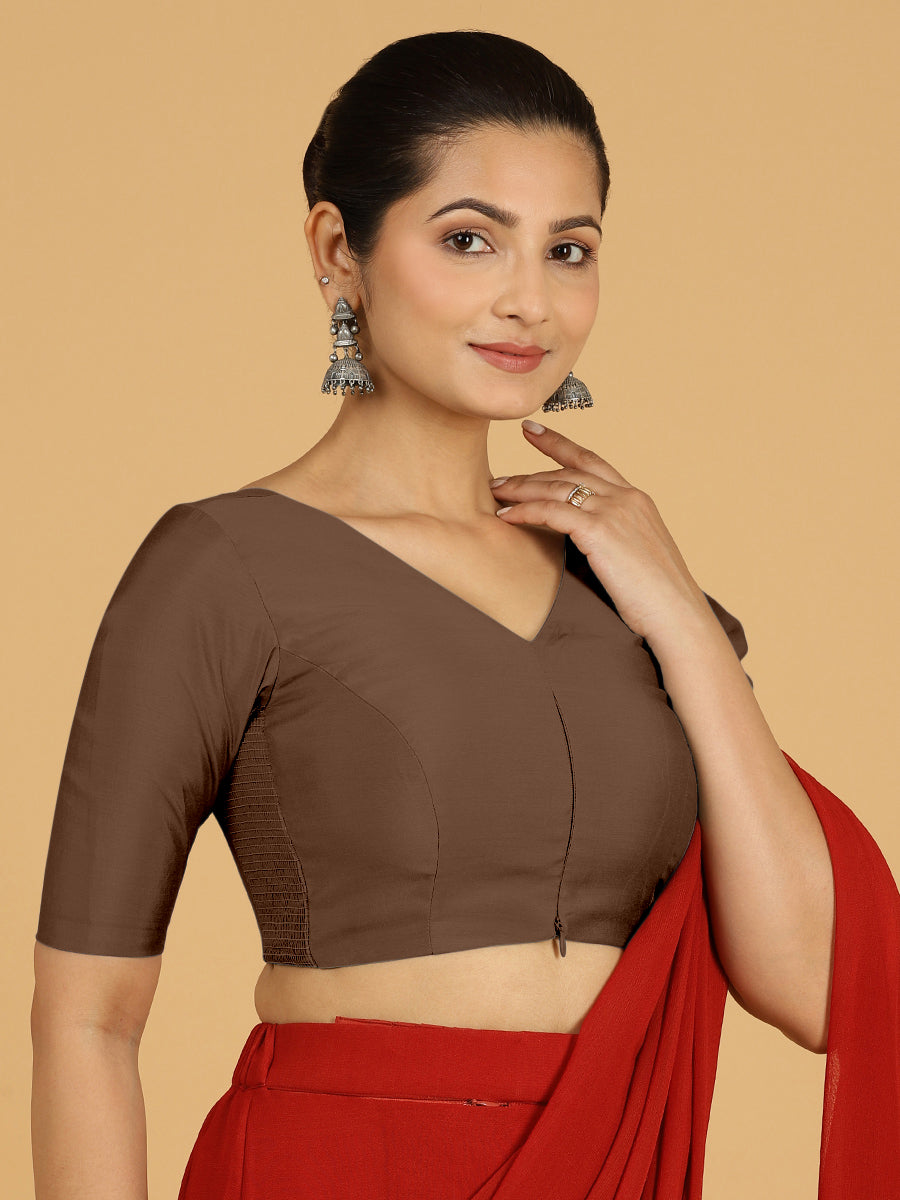 Shabana x Rozaana Saree Blouse, in Brown Viscose, featuring elbow sleeves and curved v-neckline, made for daily & work (view 5).