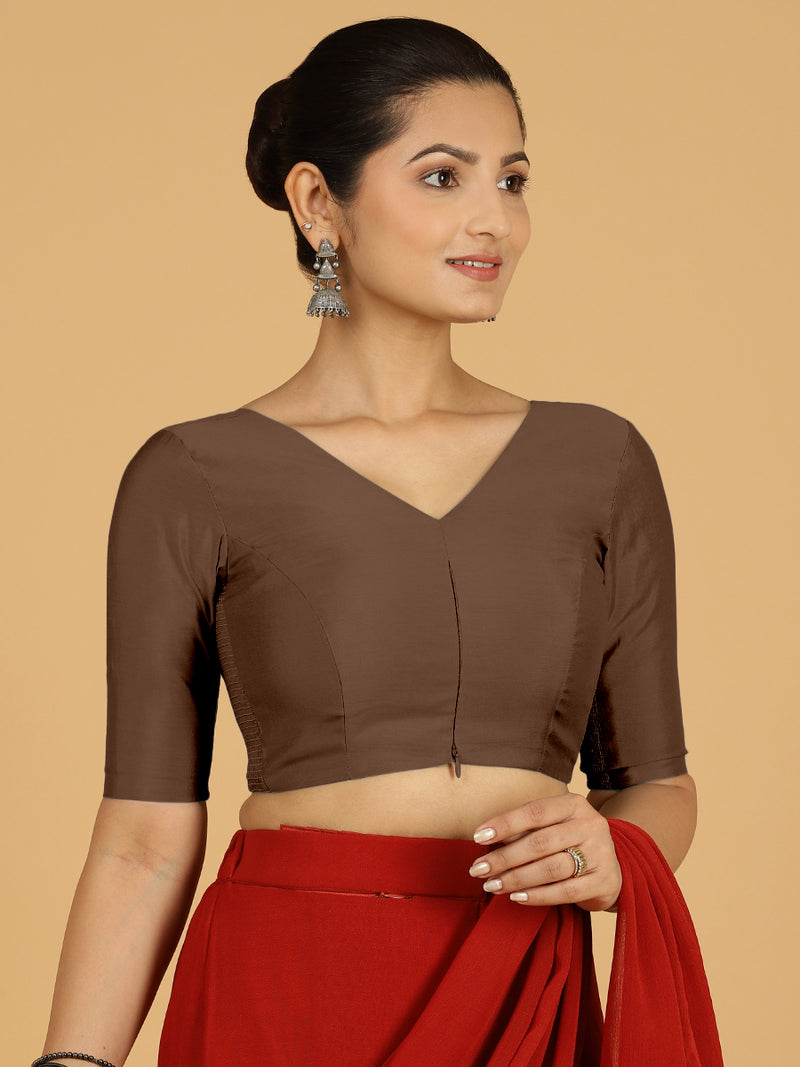 Shabana x Rozaana | Elbow Sleeves Saree Blouse in Walnut Brown-Binks
