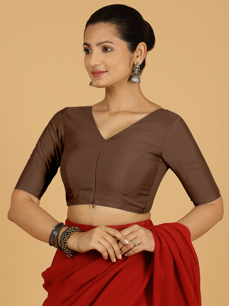 Shabana x Rozaana | Elbow Sleeves Saree Blouse in Walnut Brown-Binks