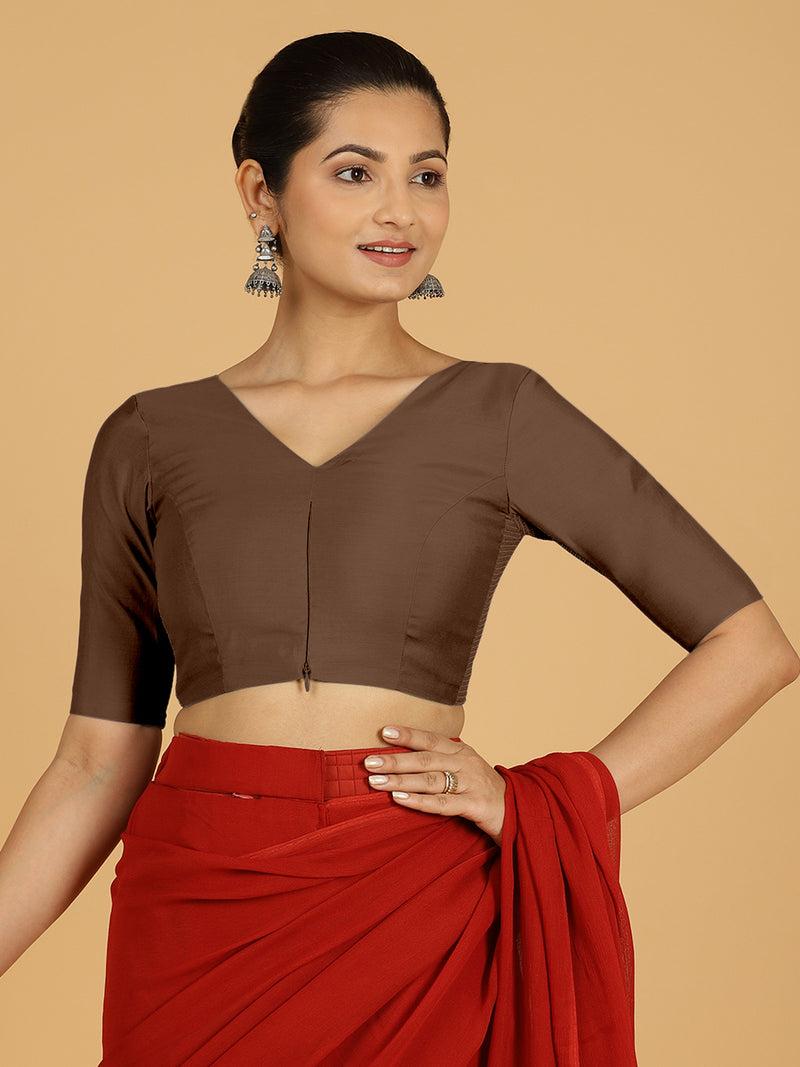 Shabana x Rozaana | Elbow Sleeves Saree Blouse in Walnut Brown-Binks