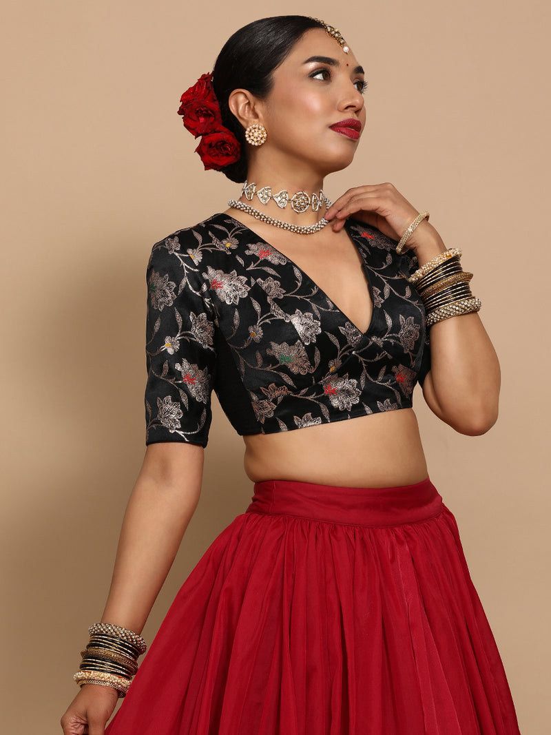 Shabnam x Tyohaar | Elbow Sleeves Satin Viscose Saree Blouse in Black Meenakari Fabric-Binks