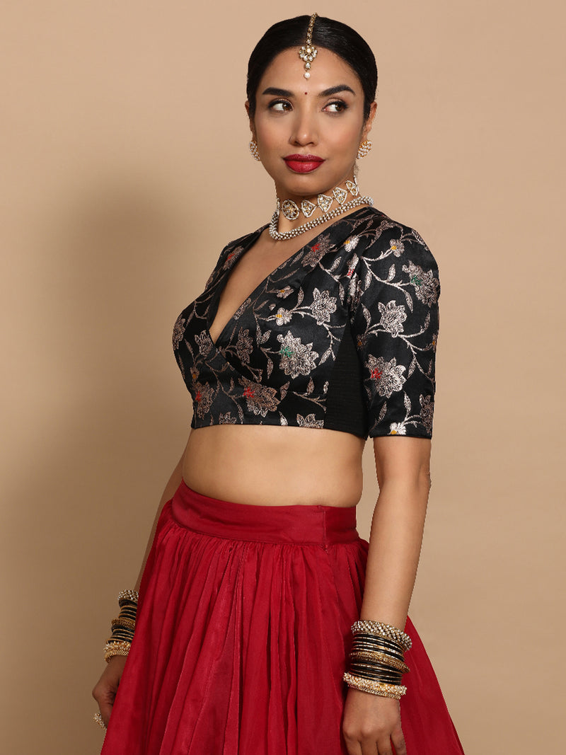 Shabnam x Tyohaar | Elbow Sleeves Satin Viscose Saree Blouse in Black Meenakari Fabric-Binks