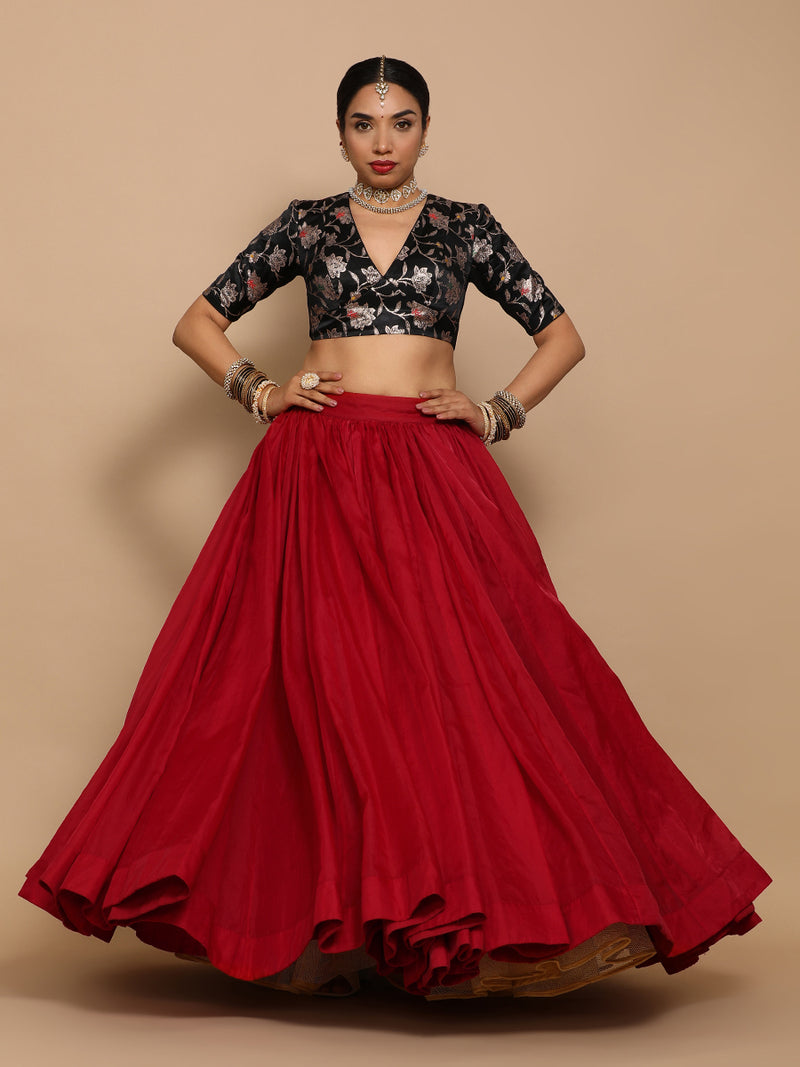 Shabnam x Tyohaar | Elbow Sleeves Satin Viscose Saree Blouse in Black Meenakari Fabric-Binks