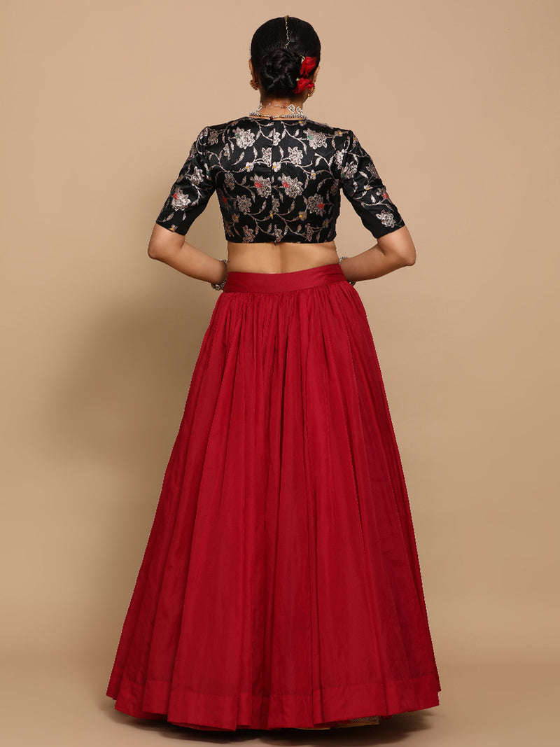 Shabnam x Tyohaar | Elbow Sleeves Satin Viscose Saree Blouse in Black Meenakari Fabric-Binks