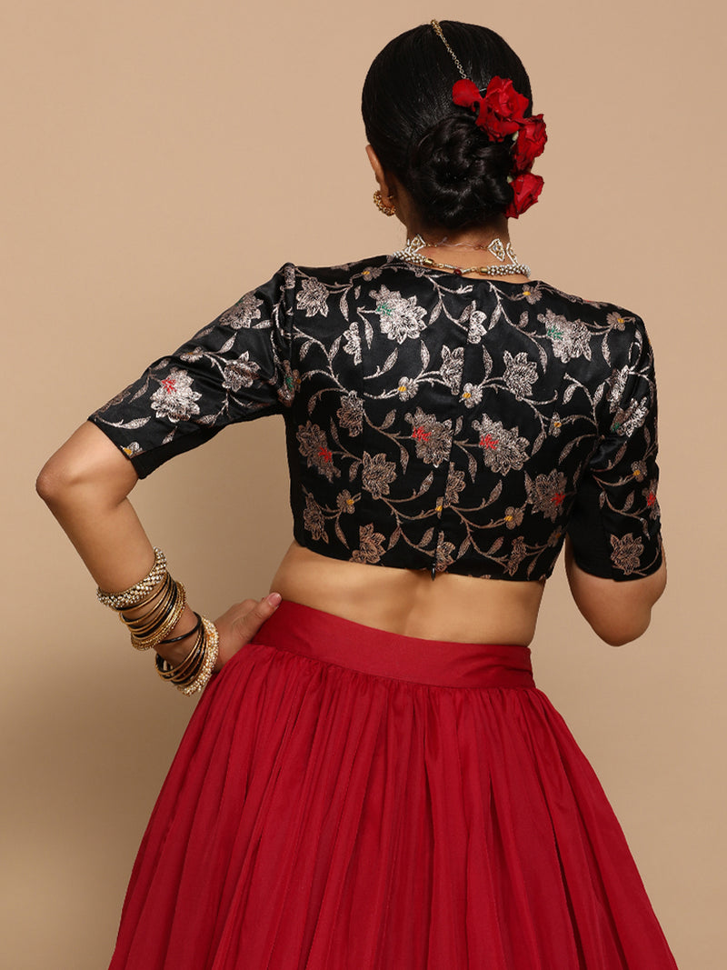Shabnam x Tyohaar | Elbow Sleeves Satin Viscose Saree Blouse in Black Meenakari Fabric-Binks