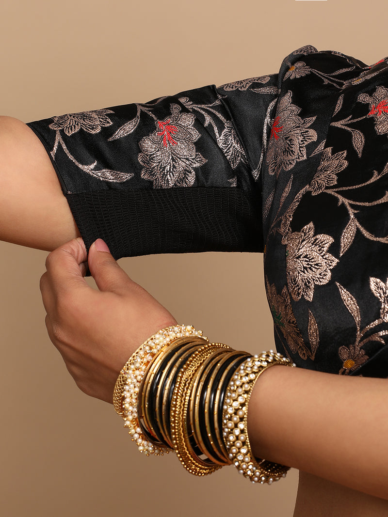 Shabnam x Tyohaar | Elbow Sleeves Satin Viscose Saree Blouse in Black Meenakari Fabric-Binks