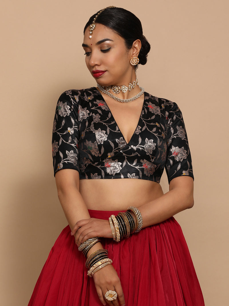 Shabnam x Tyohaar | Elbow Sleeves Satin Viscose Saree Blouse in Black Meenakari Fabric-Binks