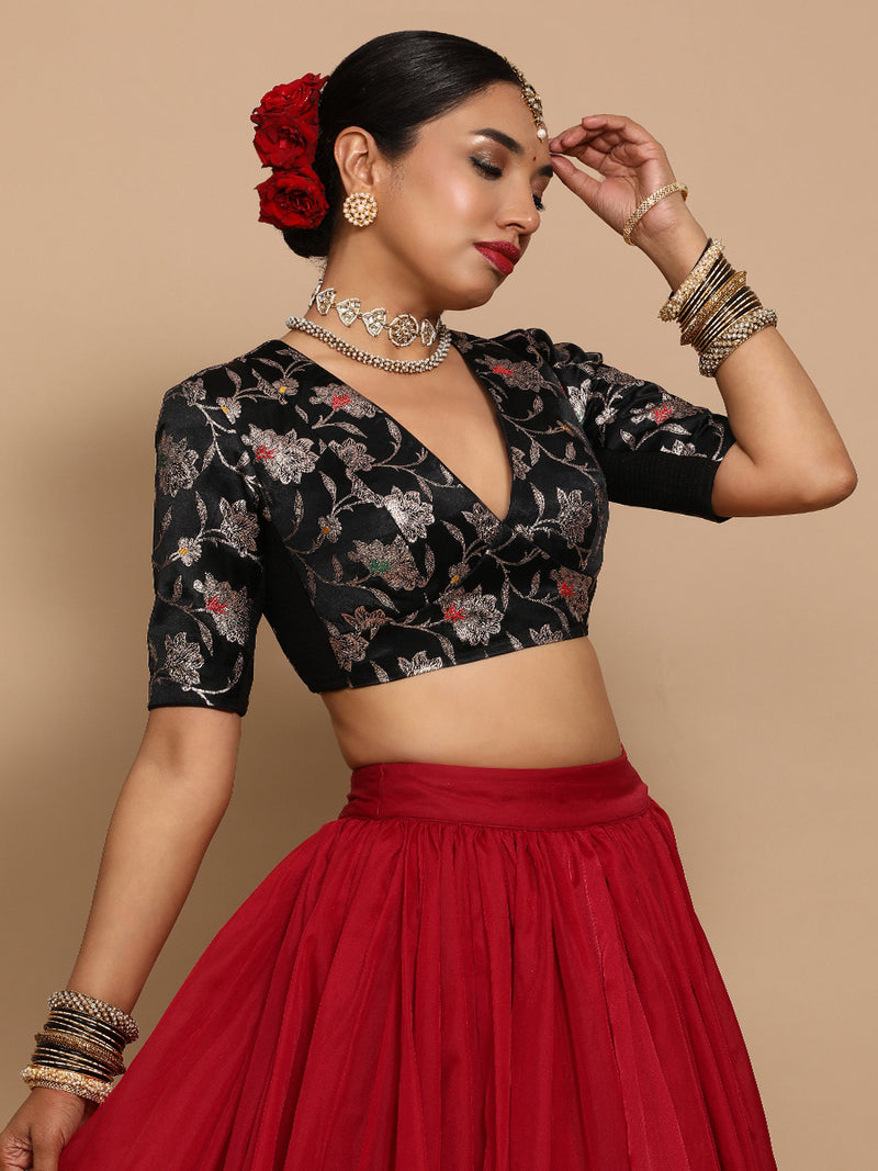 Shabnam x Tyohaar | Elbow Sleeves Satin Viscose Saree Blouse in Black Meenakari Fabric-Binks