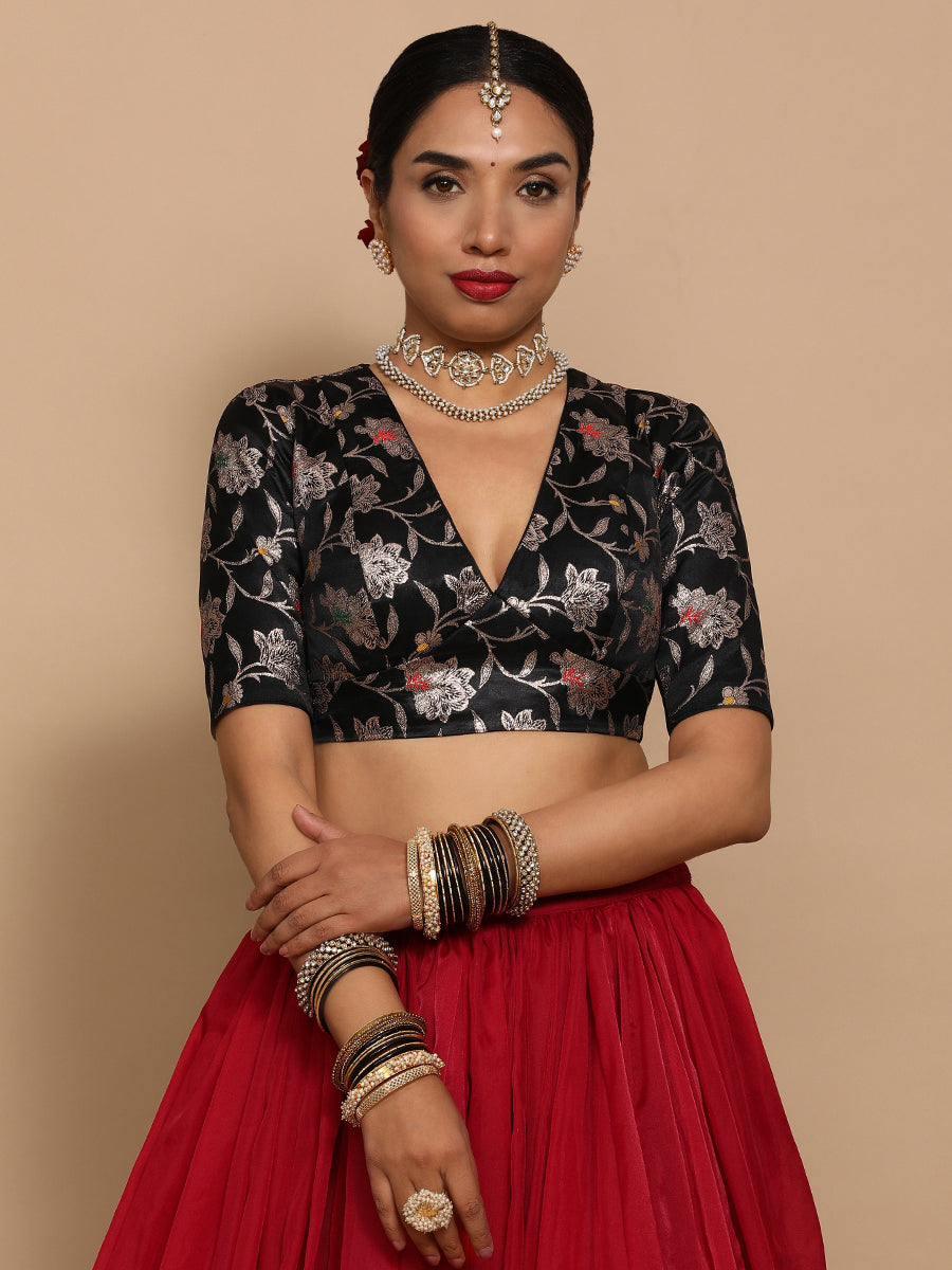 Shabnam x Tyohaar Saree Blouse, in Black Embroidery & Brocade, featuring elbow sleeves and v-neckline (view 8).