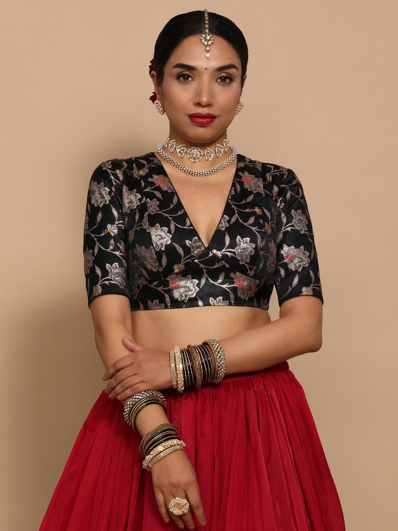Shabnam x Tyohaar | Elbow Sleeves Satin Viscose Saree Blouse in Black Meenakari Fabric-Binks