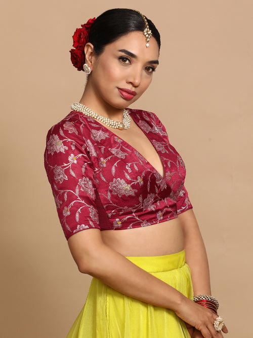 Shabnam x Tyohaar Saree Blouse, in Red Embroidery & Brocade, featuring elbow sleeves and v-neckline.