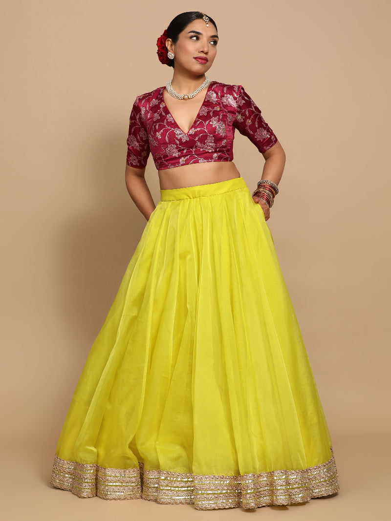 Shabnam x Tyohaar | Elbow Sleeves Satin Viscose Saree Blouse in Red Meenakari Fabric-Binks