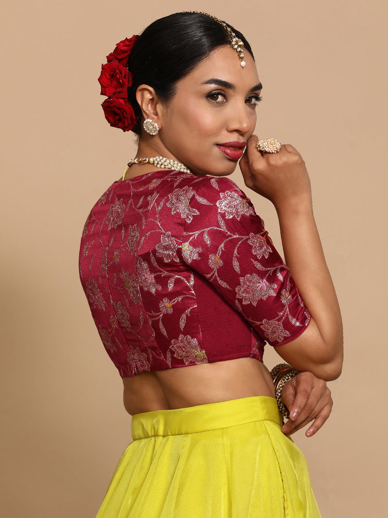 Shabnam x Tyohaar | Elbow Sleeves Satin Viscose Saree Blouse in Red Meenakari Fabric-Binks