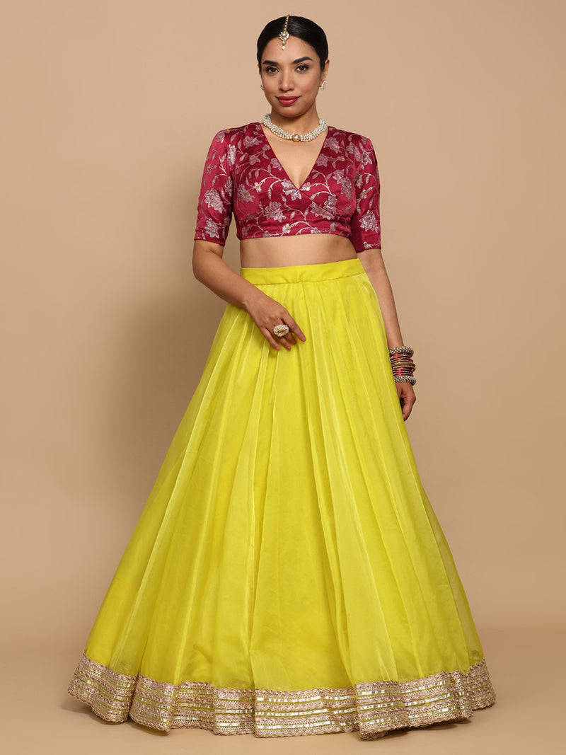 Shabnam x Tyohaar | Elbow Sleeves Satin Viscose Saree Blouse in Red Meenakari Fabric-Binks