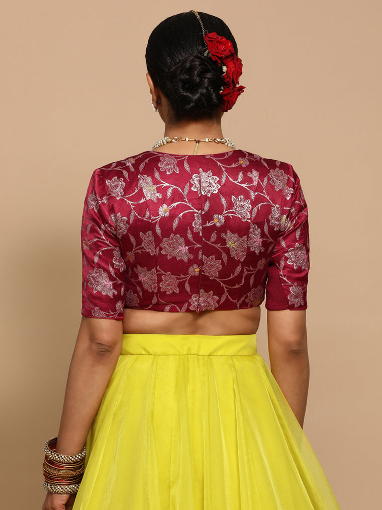 Shabnam x Tyohaar Saree Blouse, in Red Embroidery & Brocade, featuring elbow sleeves and v-neckline (view 2).