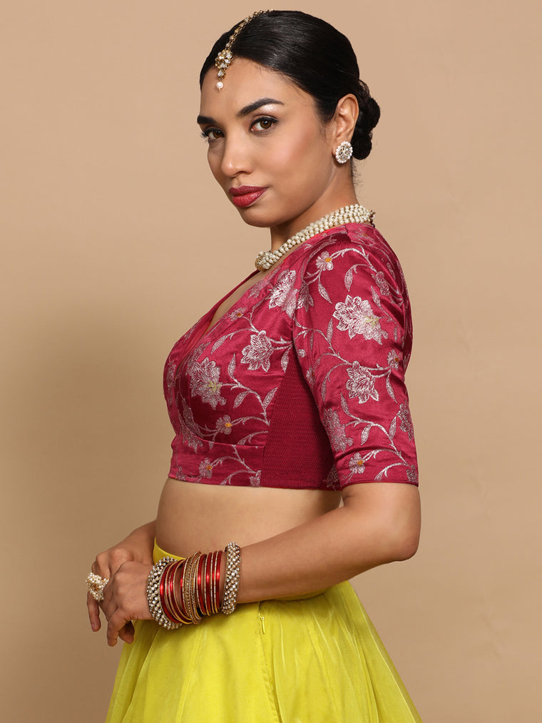 Shabnam x Tyohaar Saree Blouse, in Red Embroidery & Brocade, featuring elbow sleeves and v-neckline (view 3).