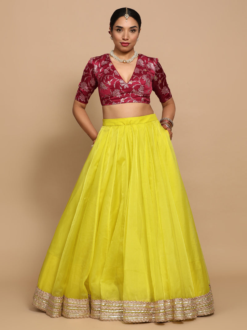 Shabnam x Tyohaar | Elbow Sleeves Satin Viscose Saree Blouse in Red Meenakari Fabric-Binks