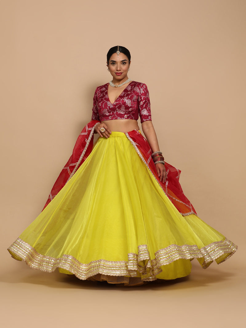 Shabnam x Tyohaar | Elbow Sleeves Satin Viscose Saree Blouse in Red Meenakari Fabric-Binks