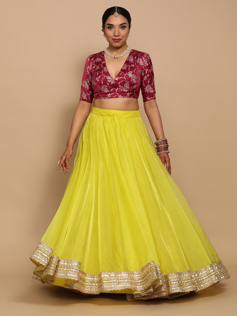 Shabnam x Tyohaar | Elbow Sleeves Satin Viscose Saree Blouse in Red Meenakari Fabric-Binks