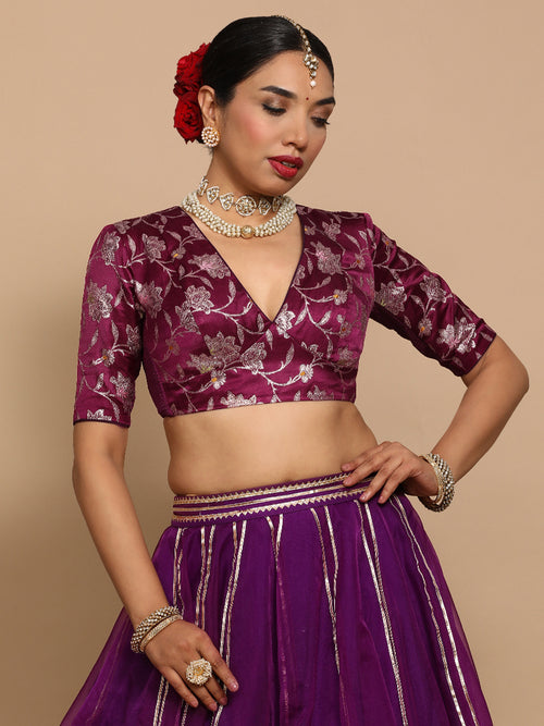 Shabnam x Tyohaar Saree Blouse, in Purple Embroidery & Brocade, featuring elbow sleeves and v-neckline.