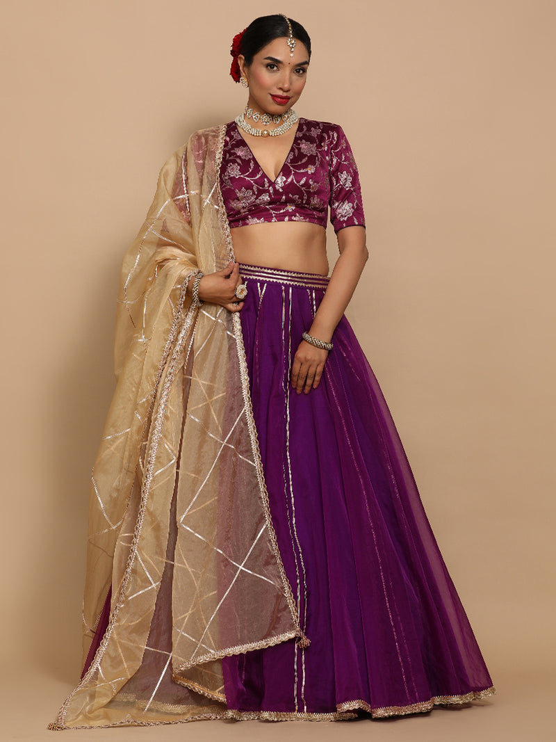 Shabnam x Tyohaar | Elbow Sleeves Satin Viscose Saree Blouse in Violet Meenakari Fabric-Binks