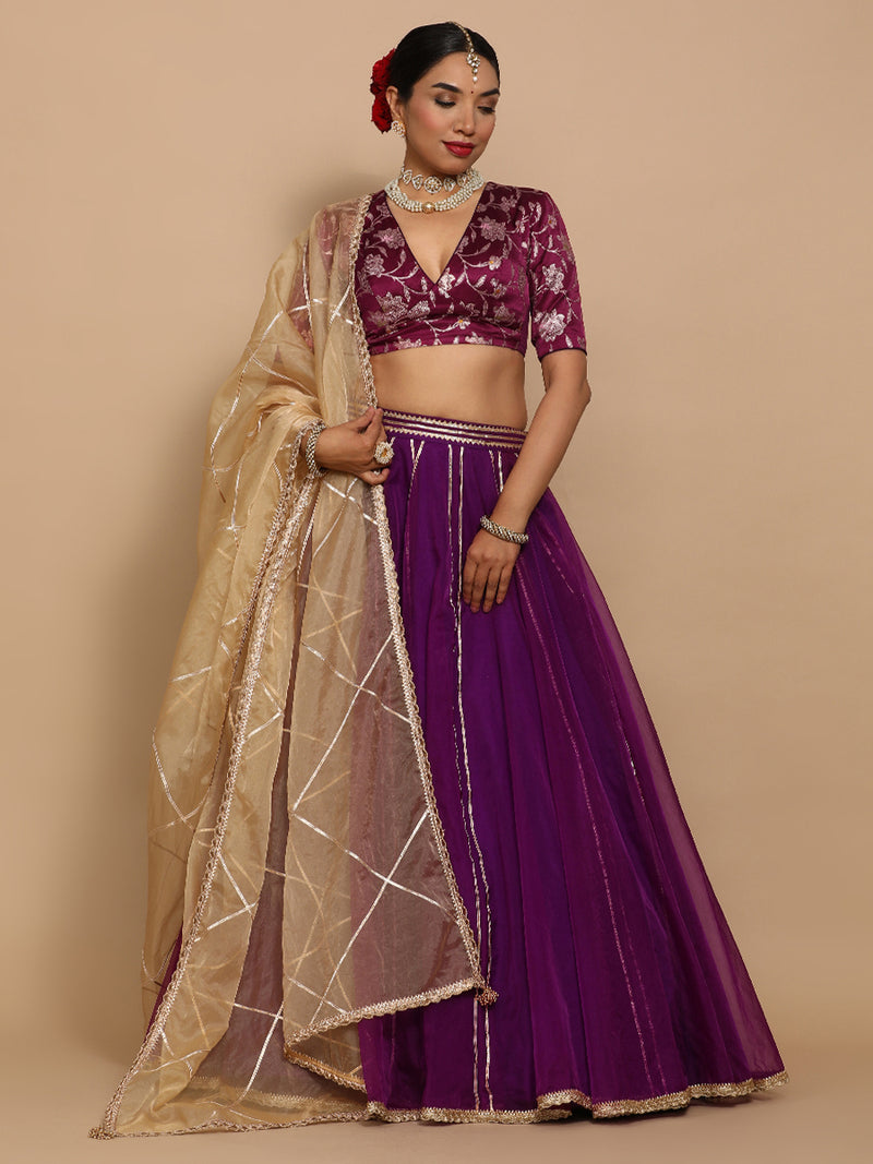 Shabnam x Tyohaar | Elbow Sleeves Satin Viscose Saree Blouse in Violet Meenakari Fabric-Binks
