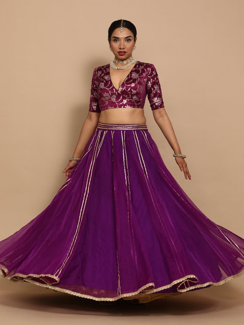 Shabnam x Tyohaar | Elbow Sleeves Satin Viscose Saree Blouse in Violet Meenakari Fabric-Binks