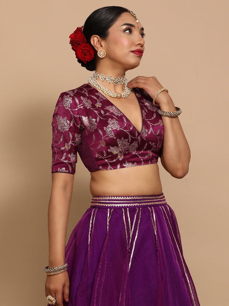 Shabnam x Tyohaar | Elbow Sleeves Satin Viscose Saree Blouse in Violet Meenakari Fabric-Binks