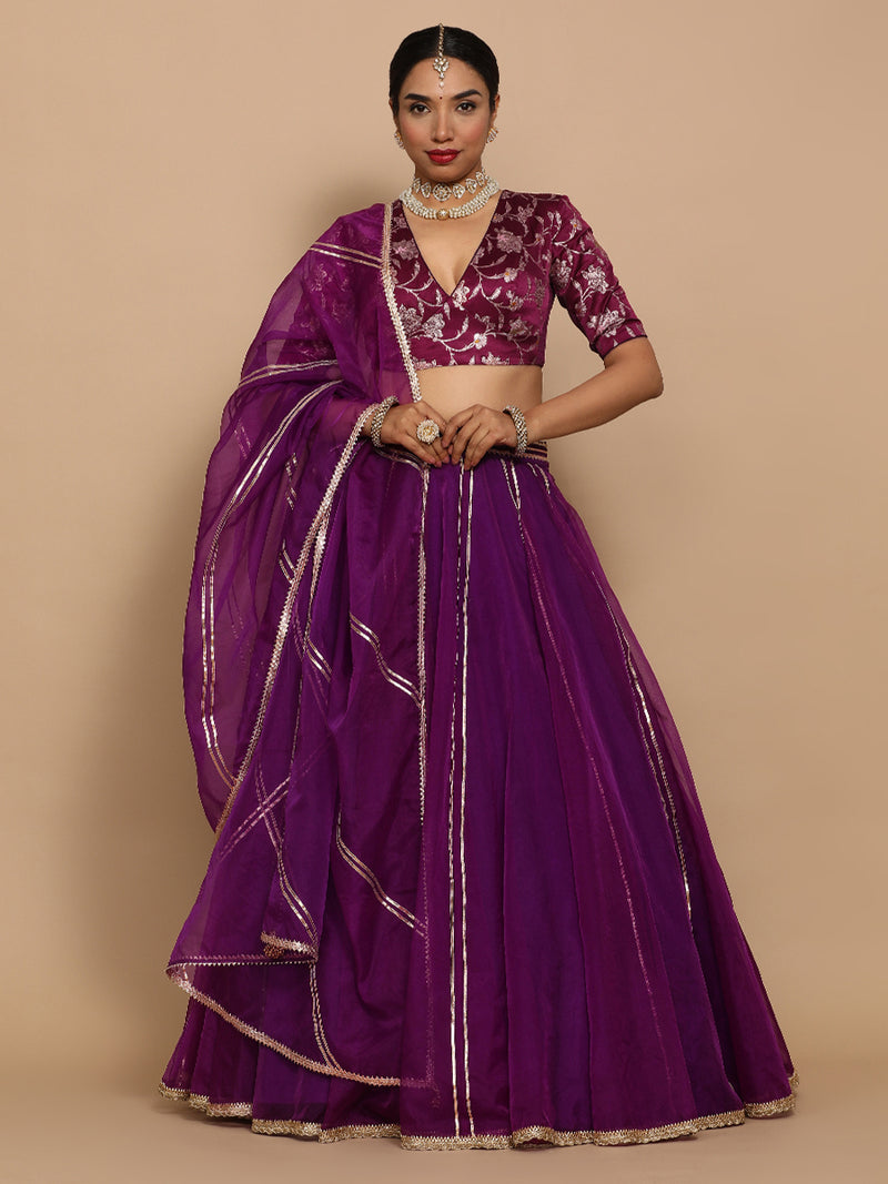 Shabnam x Tyohaar | Elbow Sleeves Satin Viscose Saree Blouse in Violet Meenakari Fabric-Binks