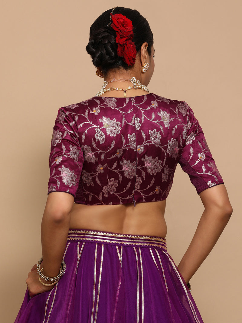 Shabnam x Tyohaar | Elbow Sleeves Satin Viscose Saree Blouse in Violet Meenakari Fabric-Binks