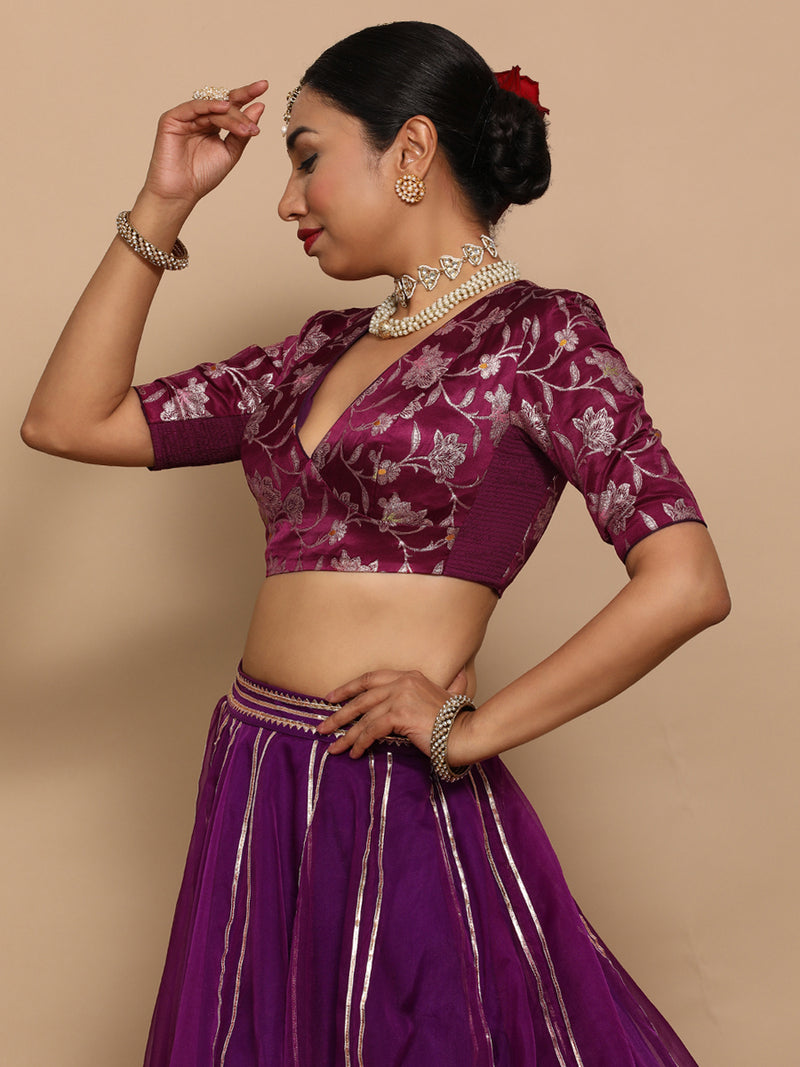 Shabnam x Tyohaar | Elbow Sleeves Satin Viscose Saree Blouse in Violet Meenakari Fabric-Binks