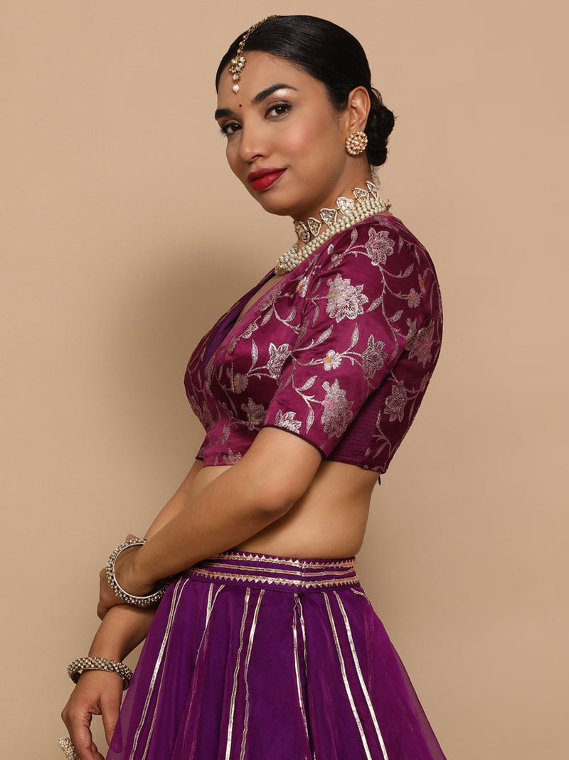 Shabnam x Tyohaar | Elbow Sleeves Satin Viscose Saree Blouse in Violet Meenakari Fabric-Binks