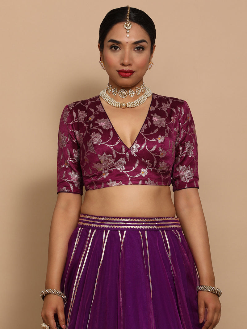 Shabnam x Tyohaar | Elbow Sleeves Satin Viscose Saree Blouse in Violet Meenakari Fabric-Binks