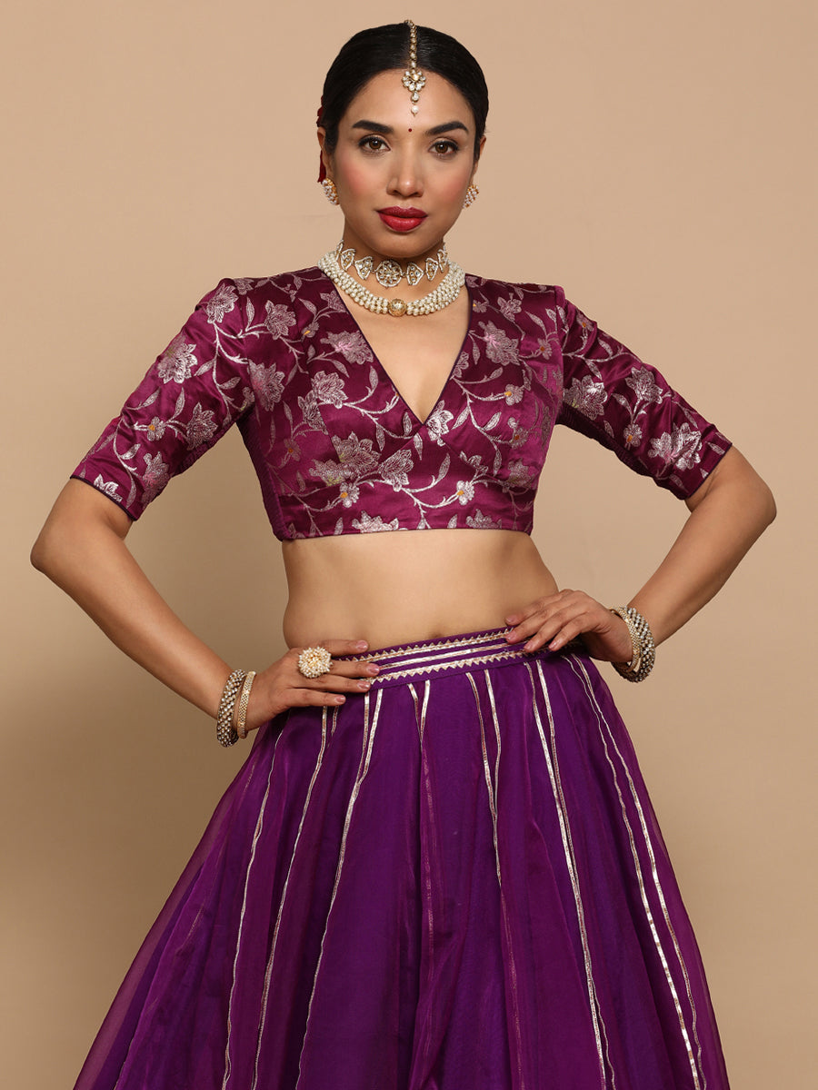 Shabnam x Tyohaar Saree Blouse, in Purple Embroidery & Brocade, featuring elbow sleeves and v-neckline (view 8).