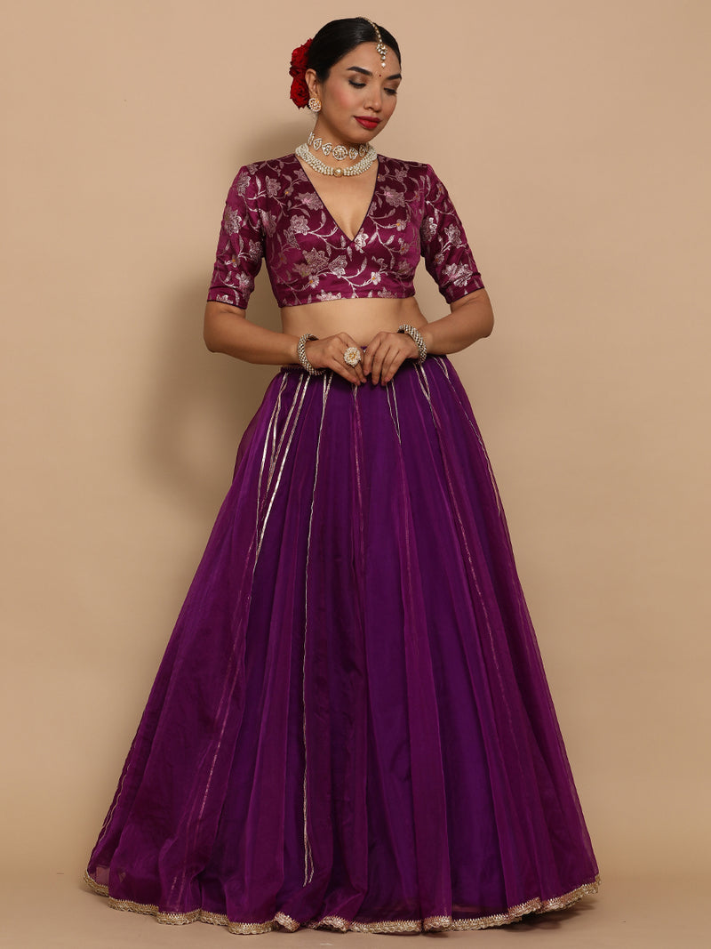 Shabnam x Tyohaar | Elbow Sleeves Satin Viscose Saree Blouse in Violet Meenakari Fabric-Binks