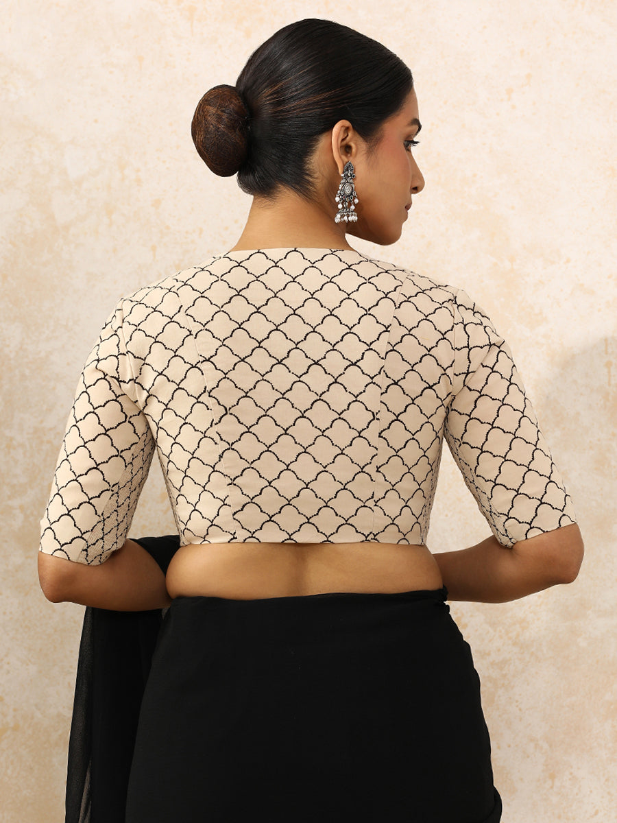 Shabun x Rozaana Saree Blouse, in Cream 100% Cotton - Block Printed, featuring elbow sleeves and v-neckline (view 2).