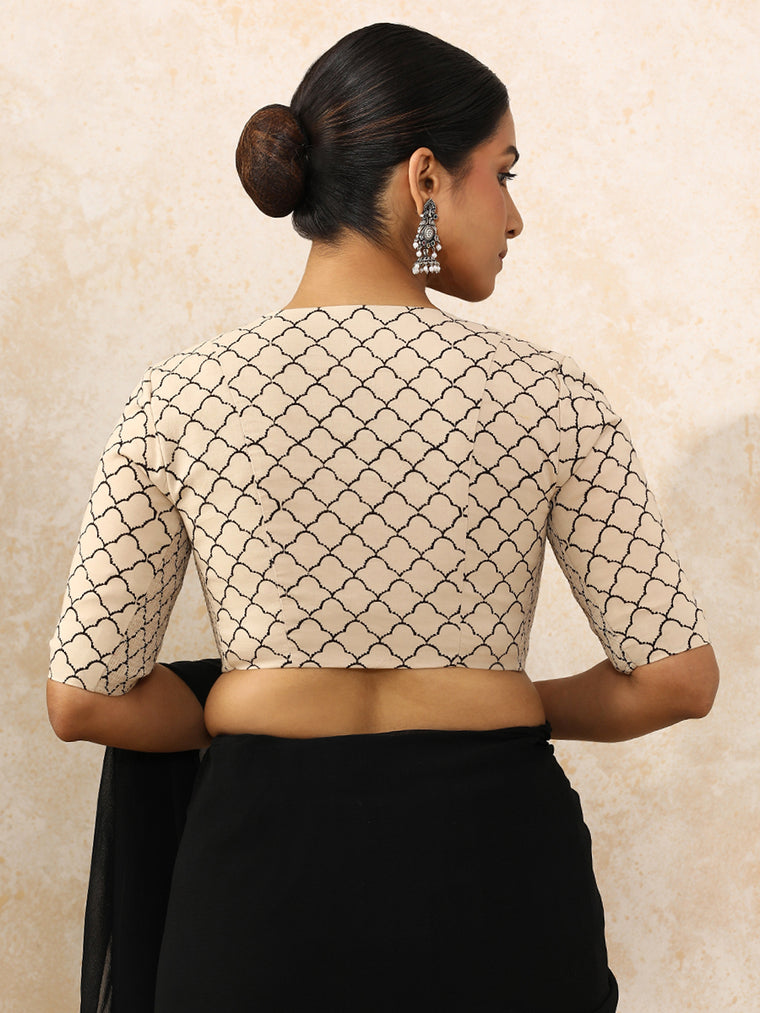 Shabun x Rozaana Saree Blouse, in Cream 100% Cotton - Block Printed, featuring elbow sleeves and v-neckline (view 2).