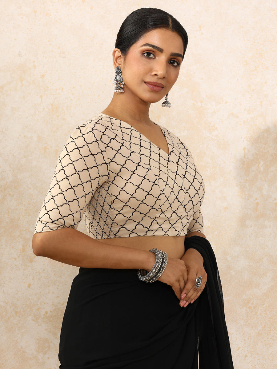 Shabun x Rozaana Saree Blouse, in Cream 100% Cotton - Block Printed, featuring elbow sleeves and v-neckline (view 7).