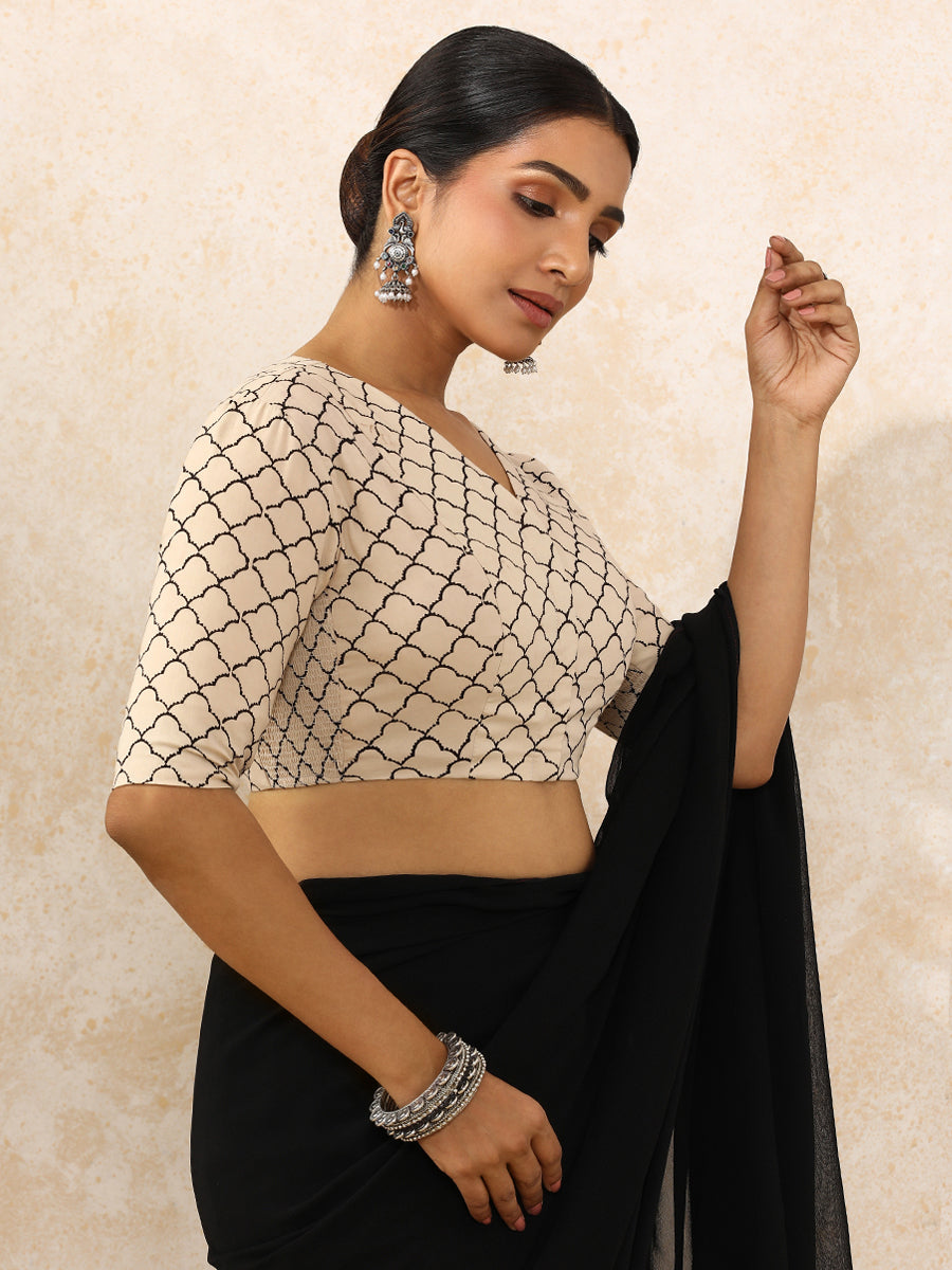 Shabun x Rozaana Saree Blouse, in Cream 100% Cotton - Block Printed, featuring elbow sleeves and v-neckline (view 8).