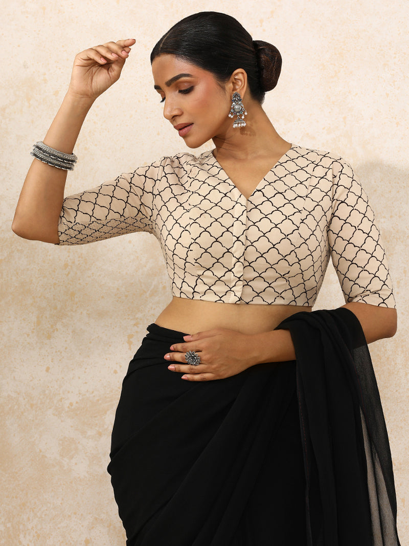 Shabun x Rozaana | Elbow Sleeves Saree Blouse in Cream Fishscale Block Print Cotton-Binks