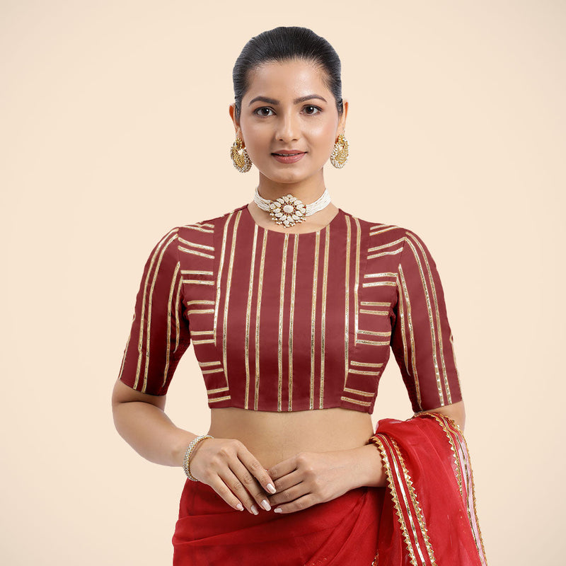 Shaheen x Tyohaar | Auburn Red Elbow Sleeves FlexiFit™ Saree Blouse with Zero Neck with Back Cut-Out and Golden Gota Embellishment-Binks
