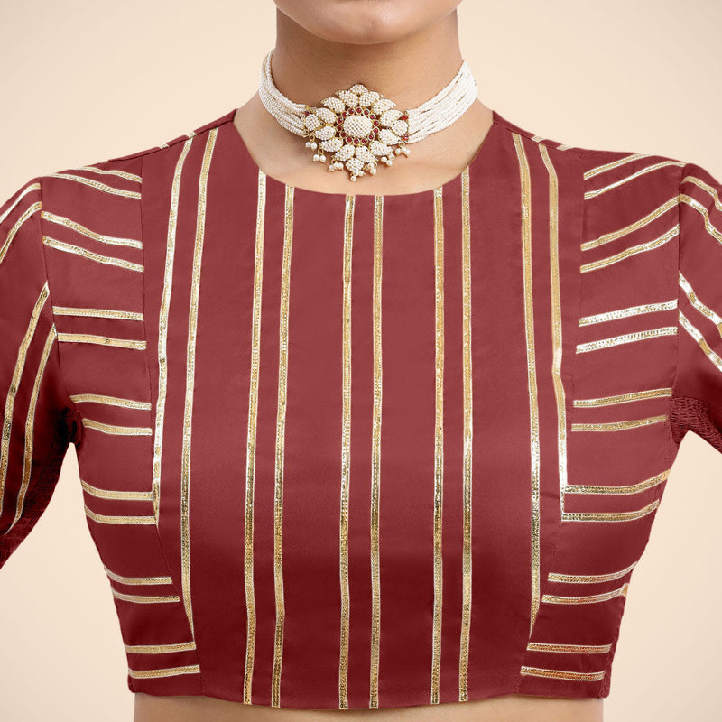 Shaheen x Tyohaar | Auburn Red Elbow Sleeves FlexiFit™ Saree Blouse with Zero Neck with Back Cut-Out and Golden Gota Embellishment-Binks