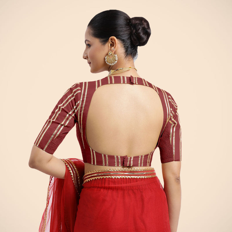 Shaheen x Tyohaar | Auburn Red Elbow Sleeves FlexiFit™ Saree Blouse with Zero Neck with Back Cut-Out and Golden Gota Embellishment-Binks