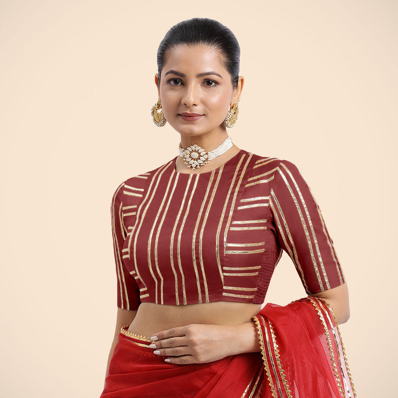 Shaheen x Tyohaar | Auburn Red Elbow Sleeves FlexiFit™ Saree Blouse with Zero Neck with Back Cut-Out and Golden Gota Embellishment-Binks