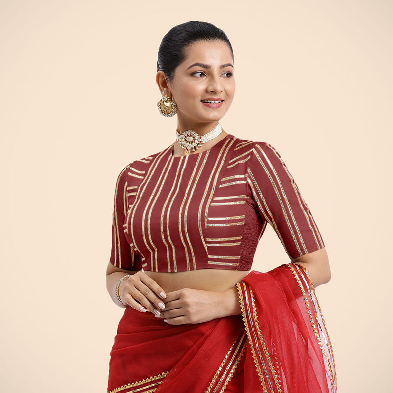 Shaheen x Tyohaar | Auburn Red Elbow Sleeves FlexiFit™ Saree Blouse with Zero Neck with Back Cut-Out and Golden Gota Embellishment-Binks