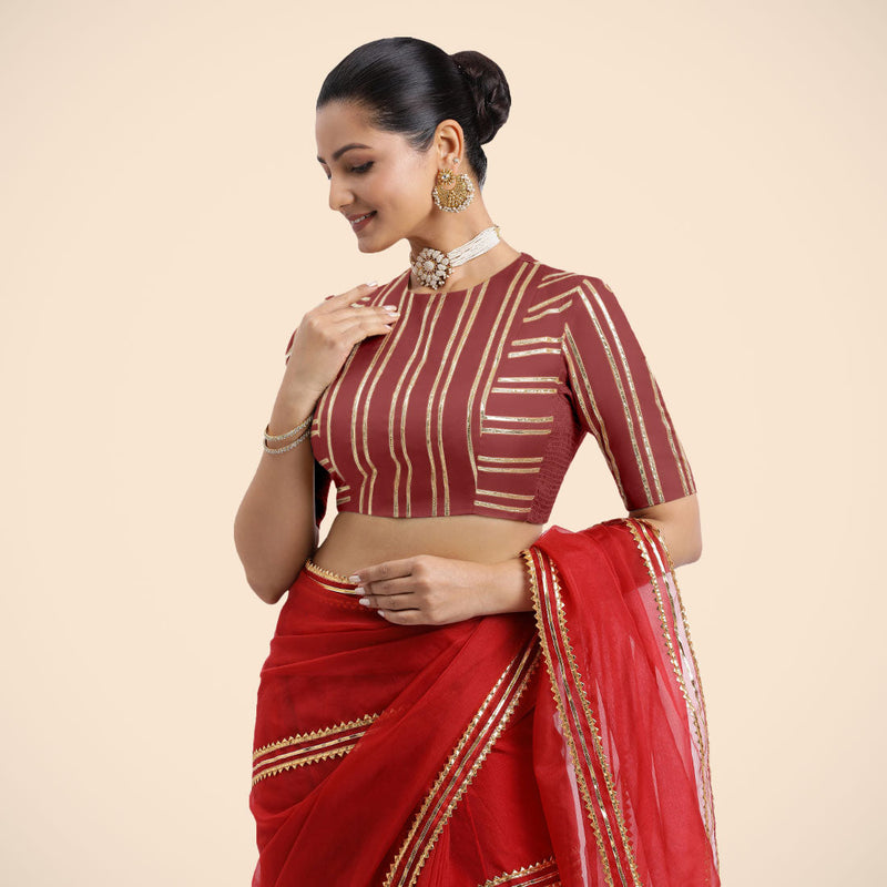 Shaheen x Tyohaar | Auburn Red Elbow Sleeves FlexiFit™ Saree Blouse with Zero Neck with Back Cut-Out and Golden Gota Embellishment-Binks